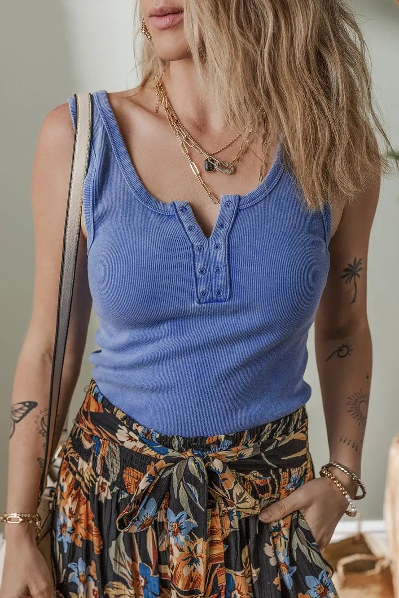 Sky Blue Mineral Wash Ribbed Notch Neck Tank Top for Women - Love Salve